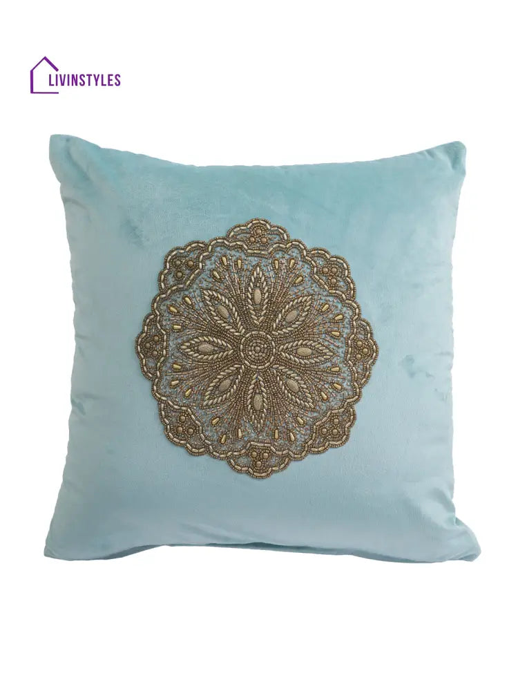 Eyda Velvet Aqua Color Beaded Cushion Cover Set Of 2-18X18 Inch