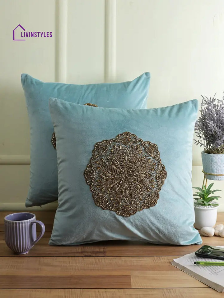 Eyda Velvet Aqua Color Beaded Cushion Cover Set Of 2-18X18 Inch