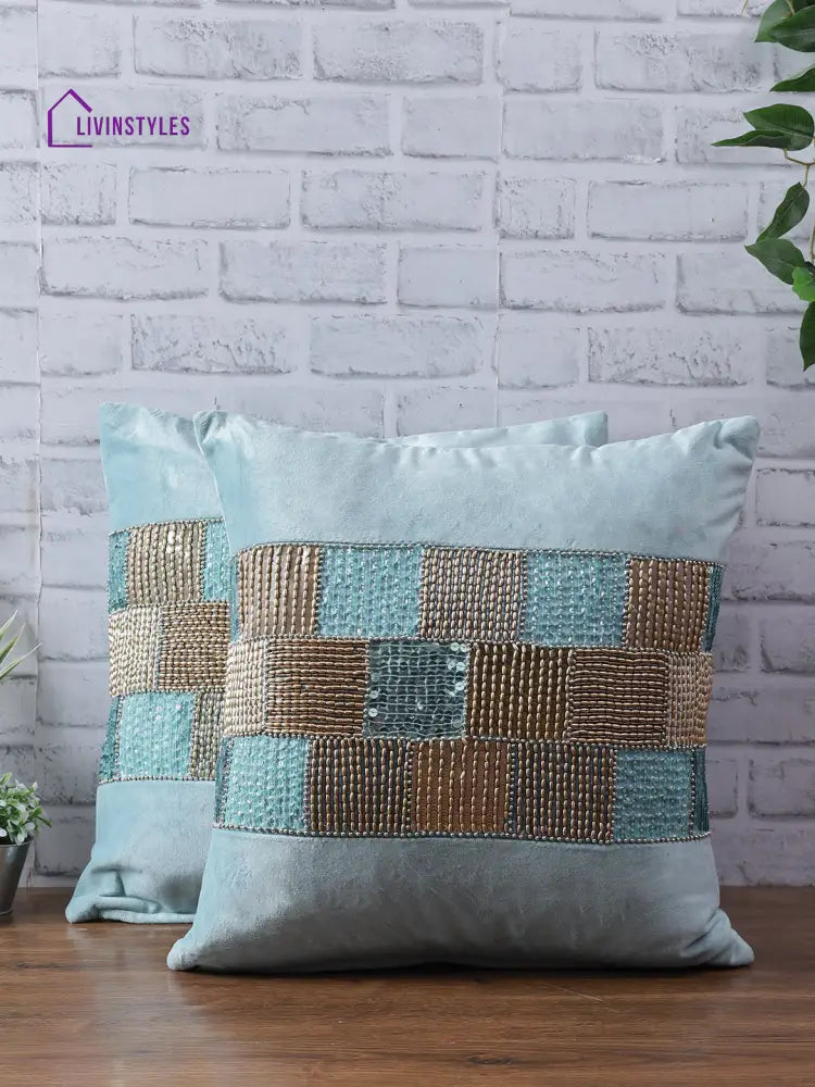 Eyda Velvet Aqua Color Beaded Cushion Cover Set Of 2-18X18 Inch