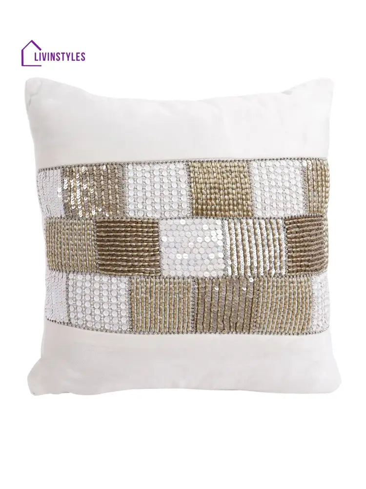 Eyda Velvet Ivory Color Beaded Cushion Cover Set Of 2-18X18 Inch