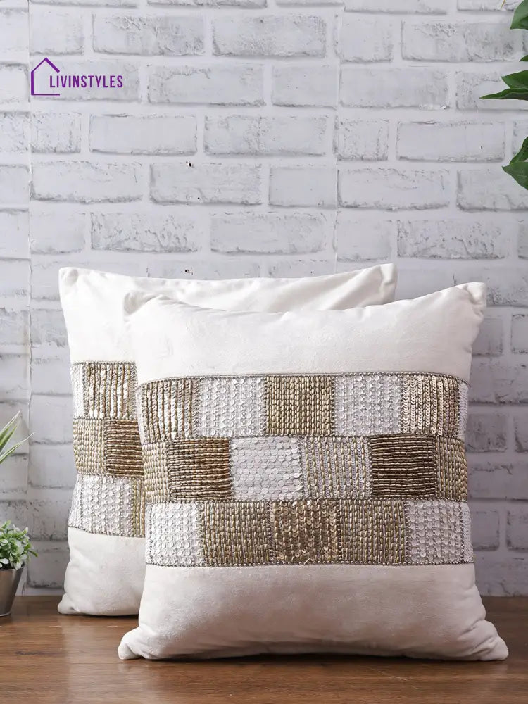 Eyda Velvet Ivory Color Beaded Cushion Cover Set Of 2-18X18 Inch