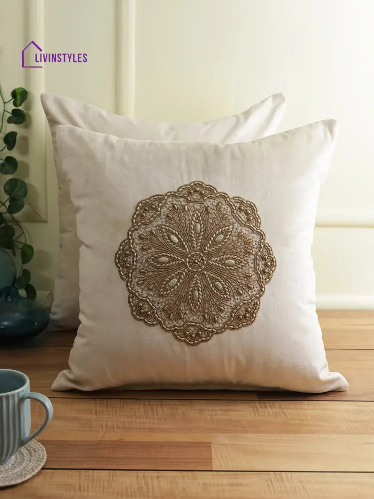 Eyda Velvet Ivory Color Set Of 2 Quilted Cushion Cover-18X18 Inch