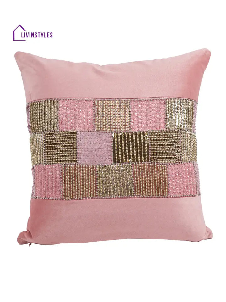 Eyda Velvet Peach Color Beaded Cushion Cover Set Of 2-18X18 Inch