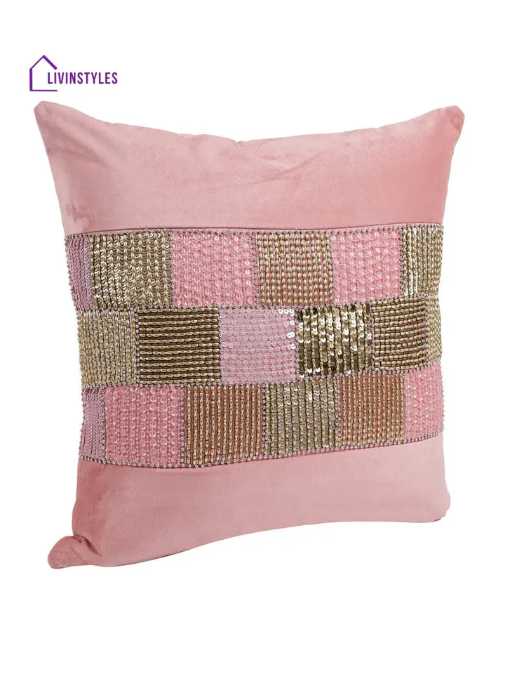 Eyda Velvet Peach Color Beaded Cushion Cover Set Of 2-18X18 Inch