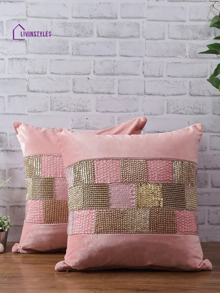 Eyda Velvet Peach Color Beaded Cushion Cover Set Of 2-18X18 Inch