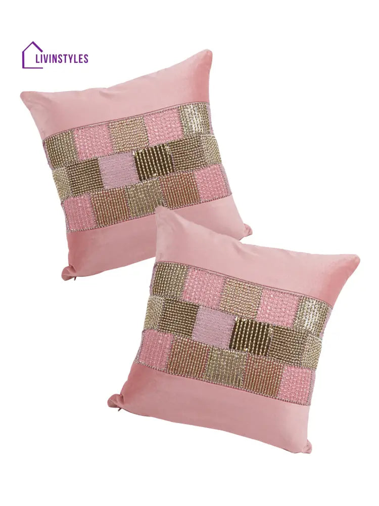 Eyda Velvet Peach Color Beaded Cushion Cover Set Of 2-18X18 Inch