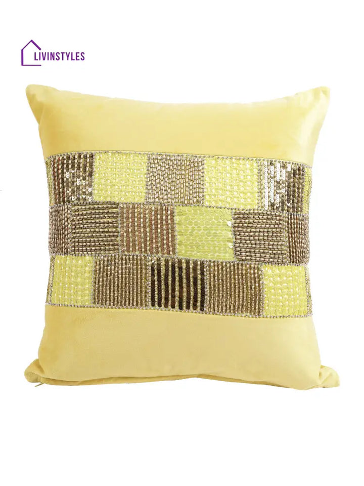 Eyda Velvet Yellow Color Beaded Cushion Cover Set Of 2-18X18 Inch