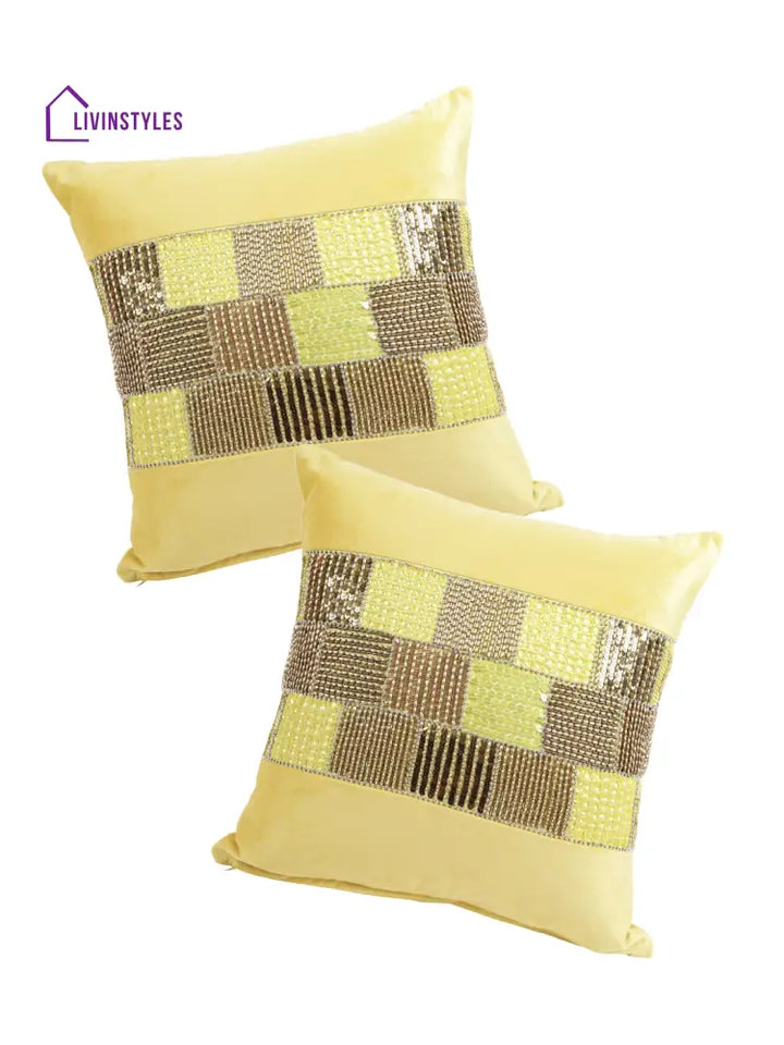 Eyda Velvet Yellow Color Beaded Cushion Cover Set Of 2-18X18 Inch