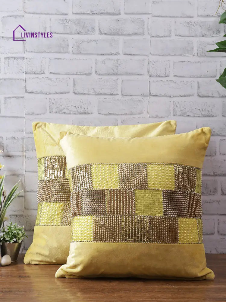 Eyda Velvet Yellow Color Beaded Cushion Cover Set Of 2-18X18 Inch