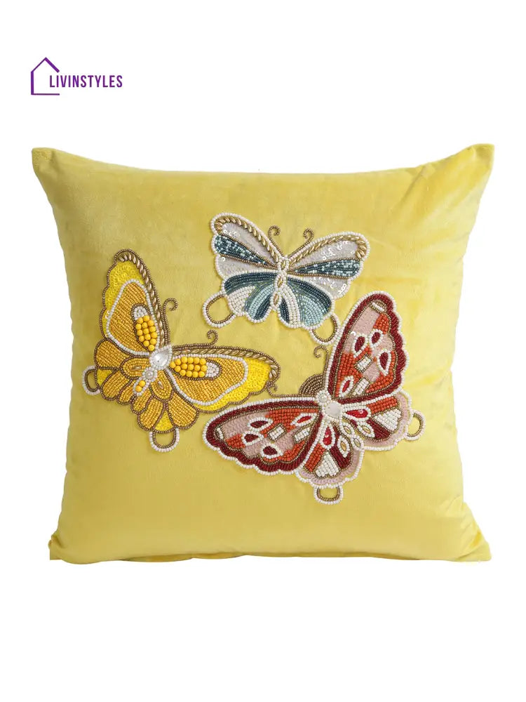 Eyda Velvet Yellow Color Beaded Sequin Set Of 2 Cushion Cover-18X18 Inch