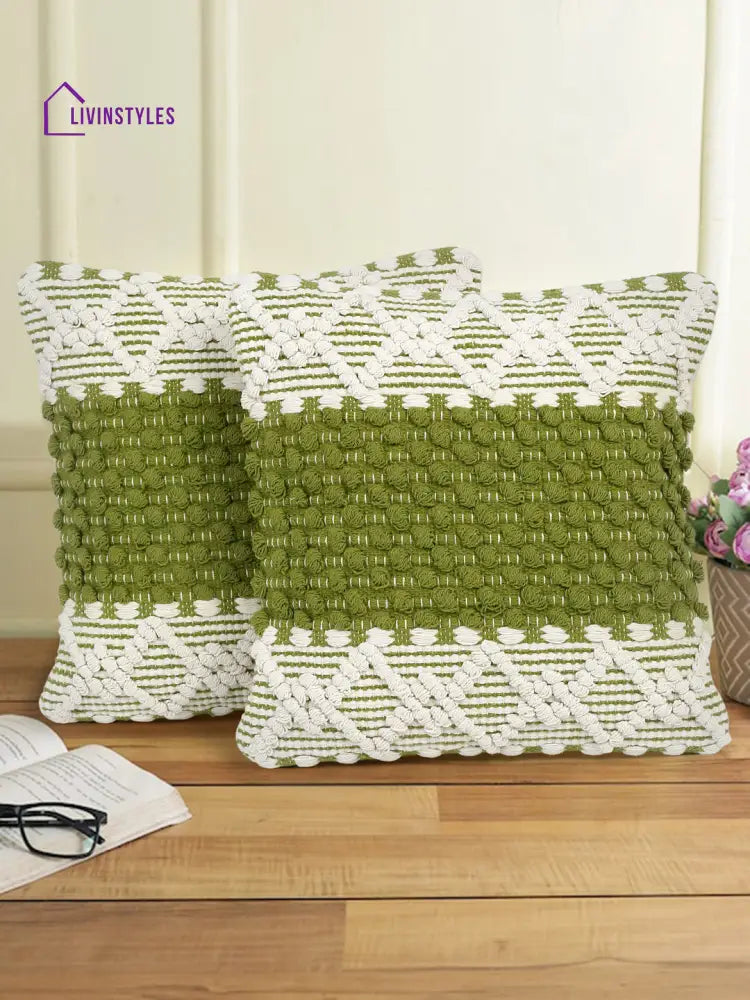 Eyda White & Green Cotton Hand Woven Cushion Cover Set Of 2