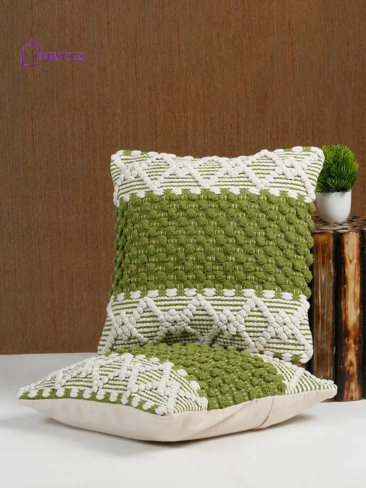 Eyda White & Green Cotton Hand Woven Cushion Cover Set Of 2