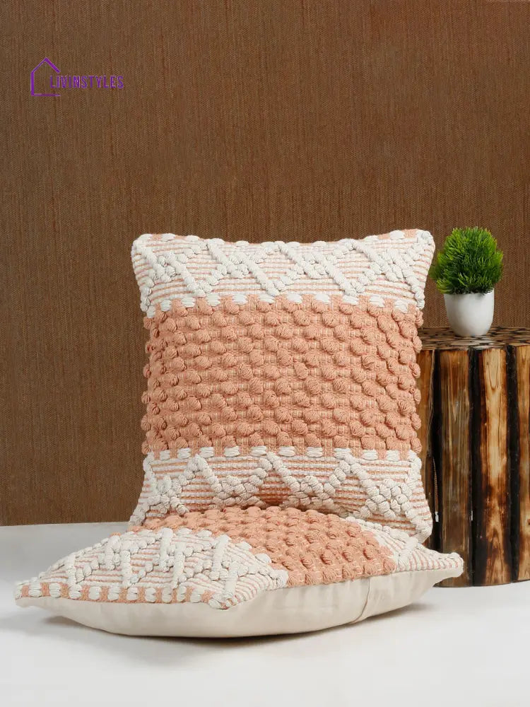 Eyda White & Peach Cotton Hand Woven Cushion Cover Set Of 2