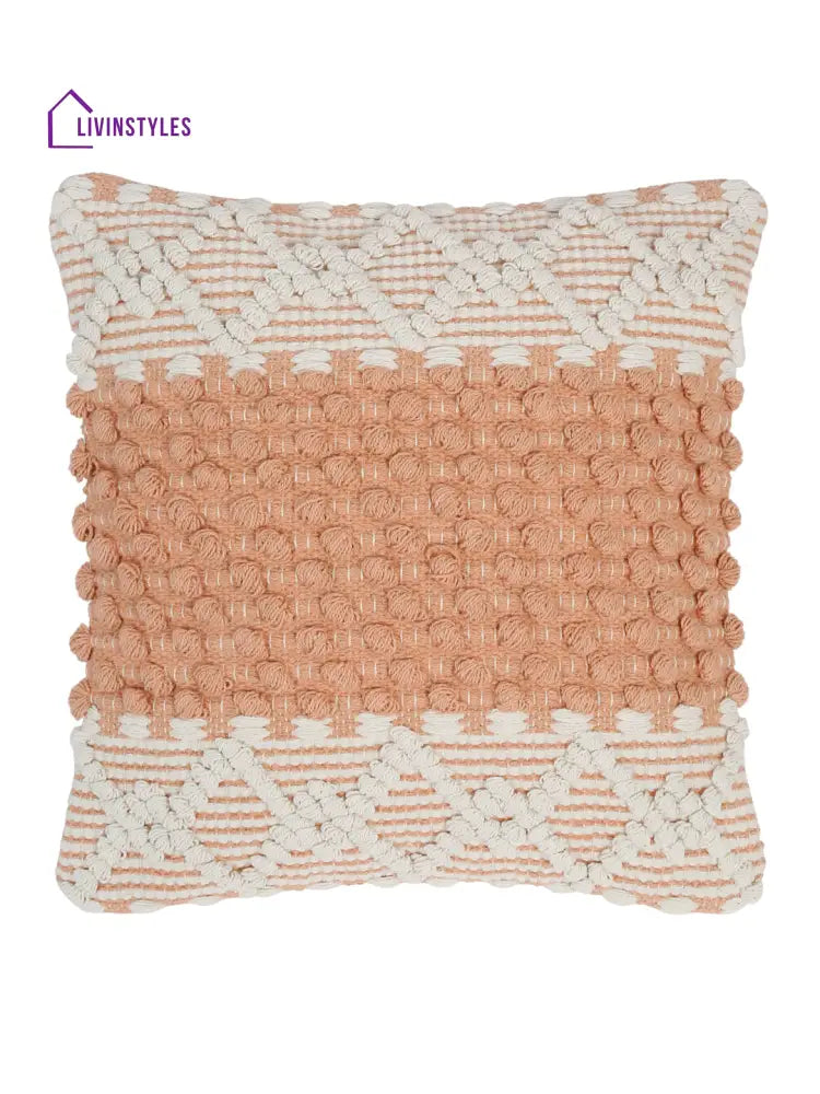 Eyda White & Peach Cotton Hand Woven Cushion Cover Set Of 2