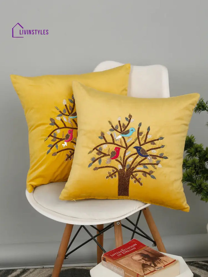 Eyda Yellow Velvet Embroidered Cushion Cover Set Of 2