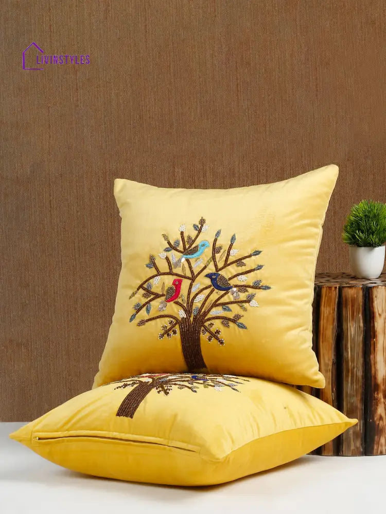 Eyda Yellow Velvet Embroidered Cushion Cover Set Of 2