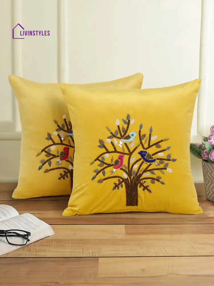 Eyda Yellow Velvet Embroidered Cushion Cover Set Of 2