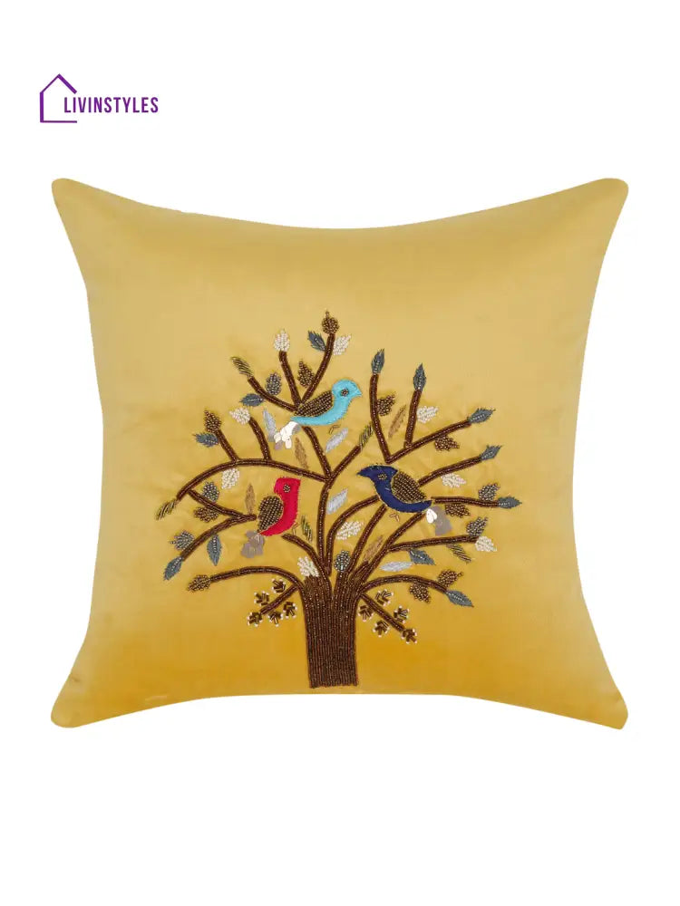 Eyda Yellow Velvet Embroidered Cushion Cover Set Of 2