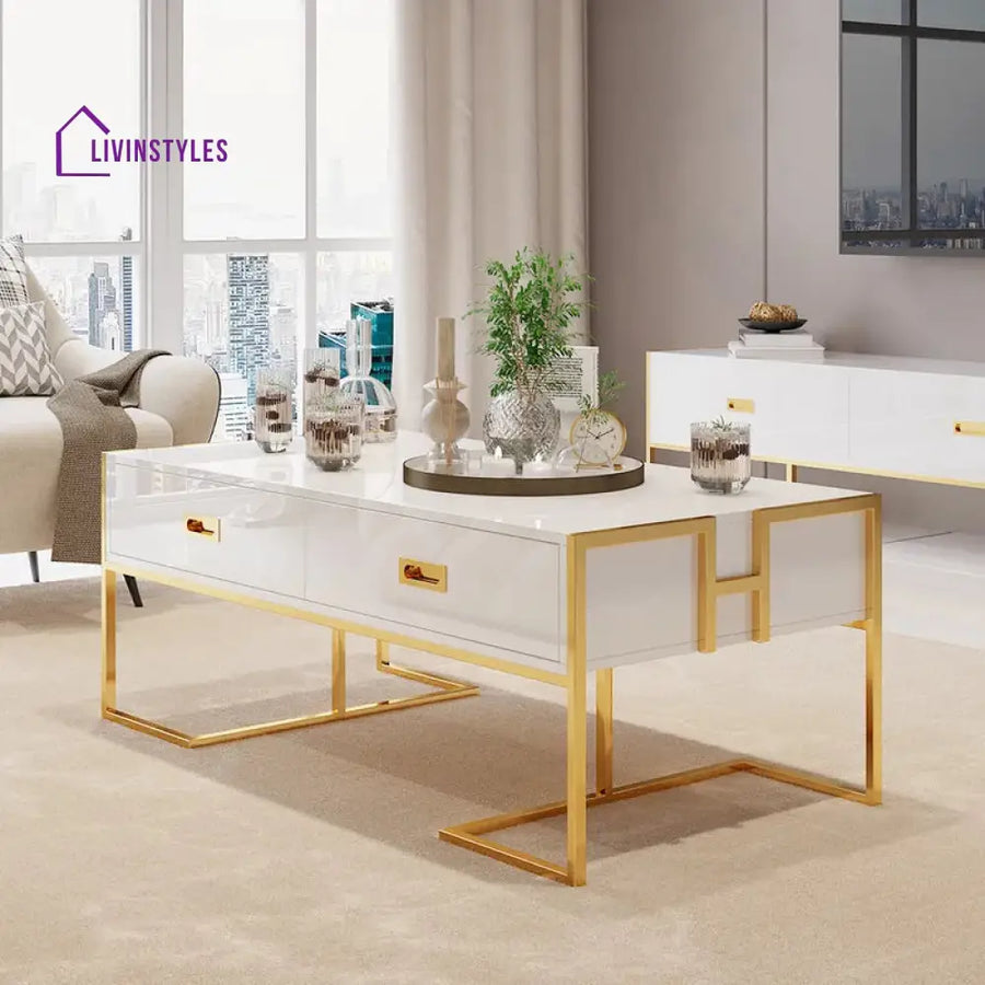 Falguni White Rectangular Coffee Table With Drawers Lacquer Gold Base