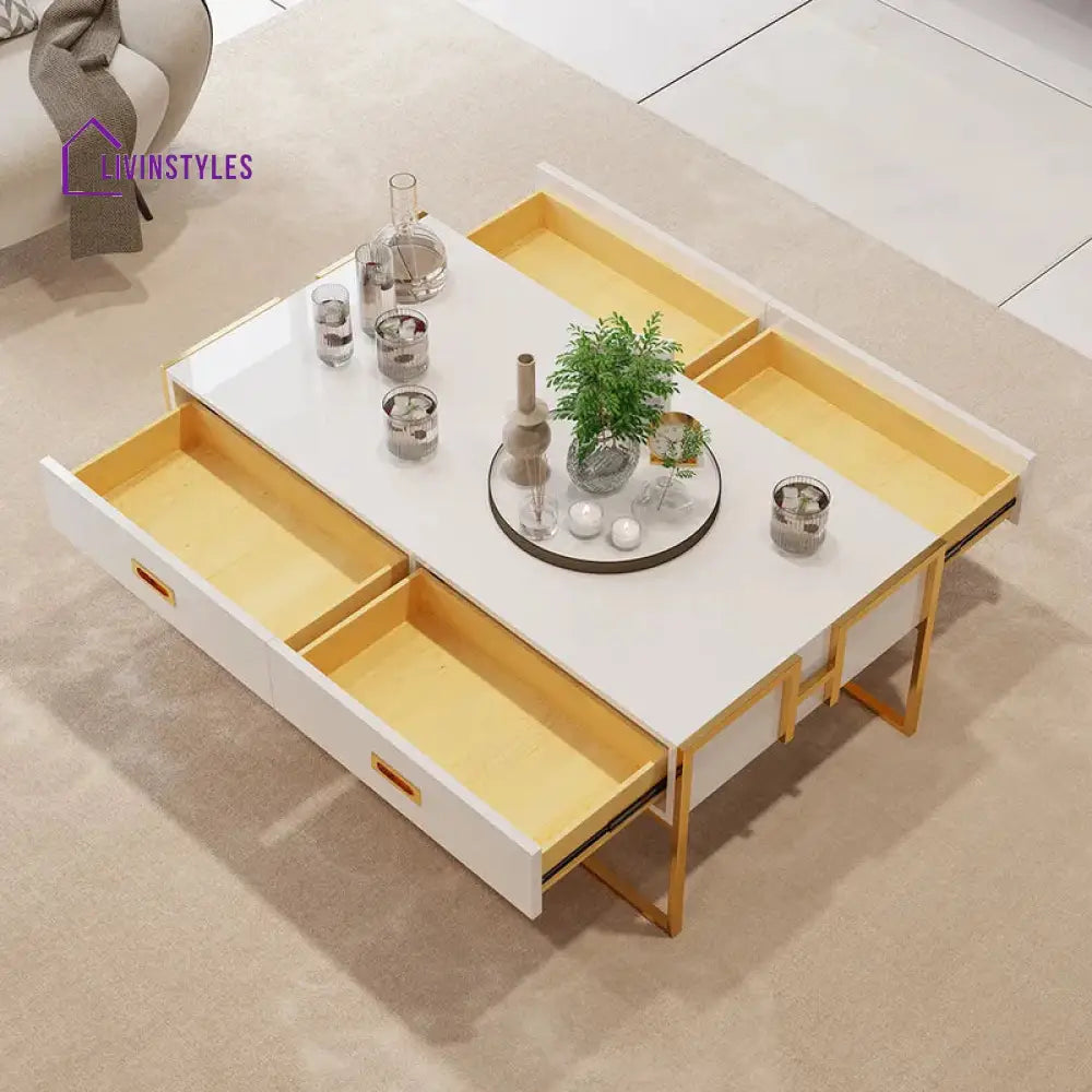 Falguni White Rectangular Coffee Table With Drawers Lacquer Gold Base