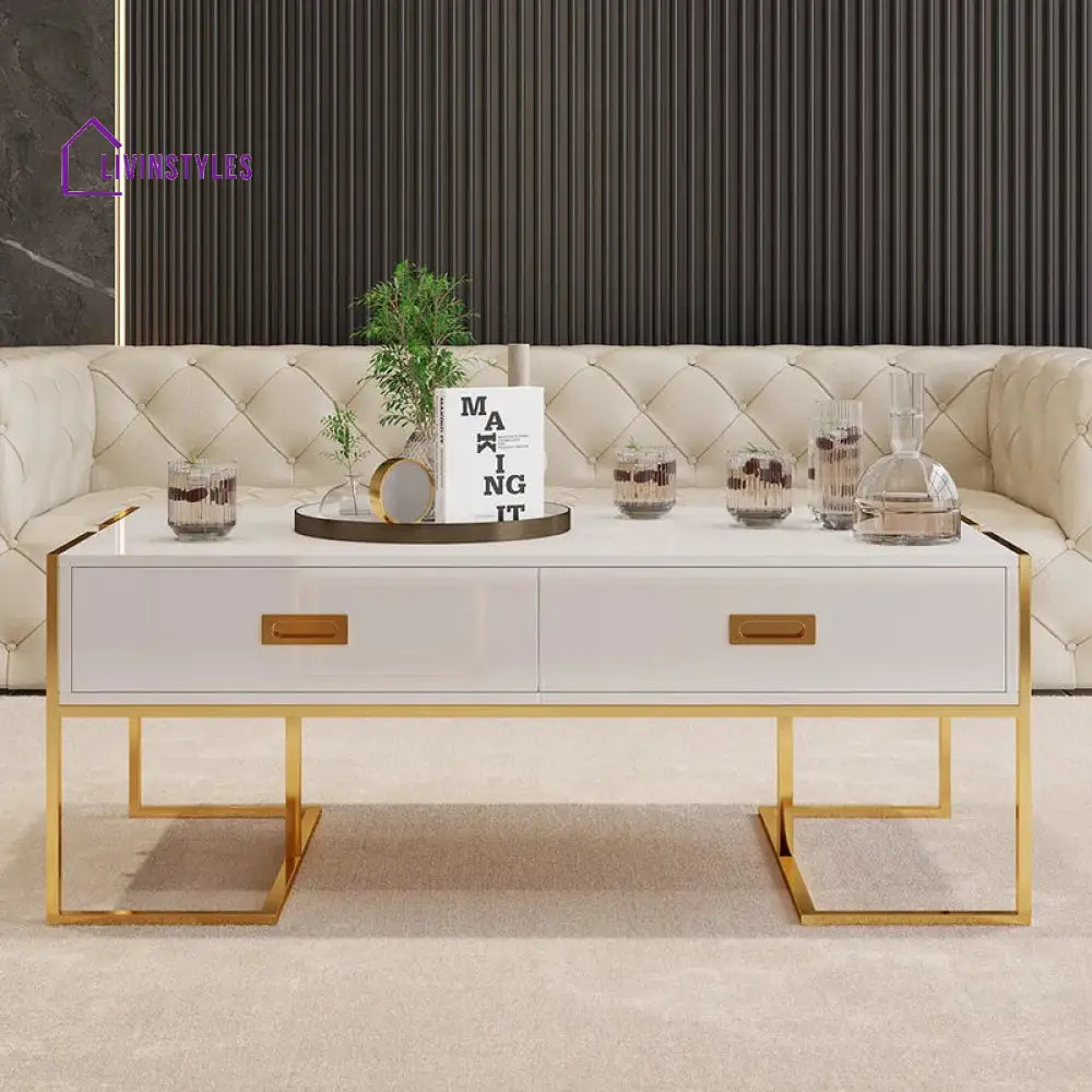 Falguni White Rectangular Coffee Table With Drawers Lacquer Gold Base