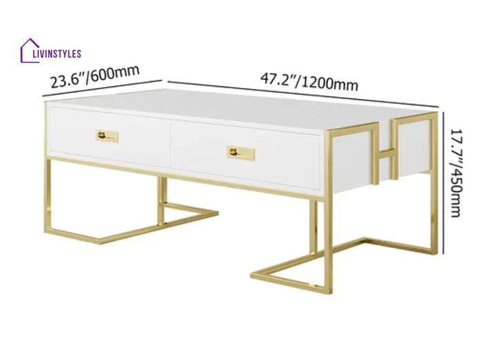 Falguni White Rectangular Coffee Table With Drawers Lacquer Gold Base