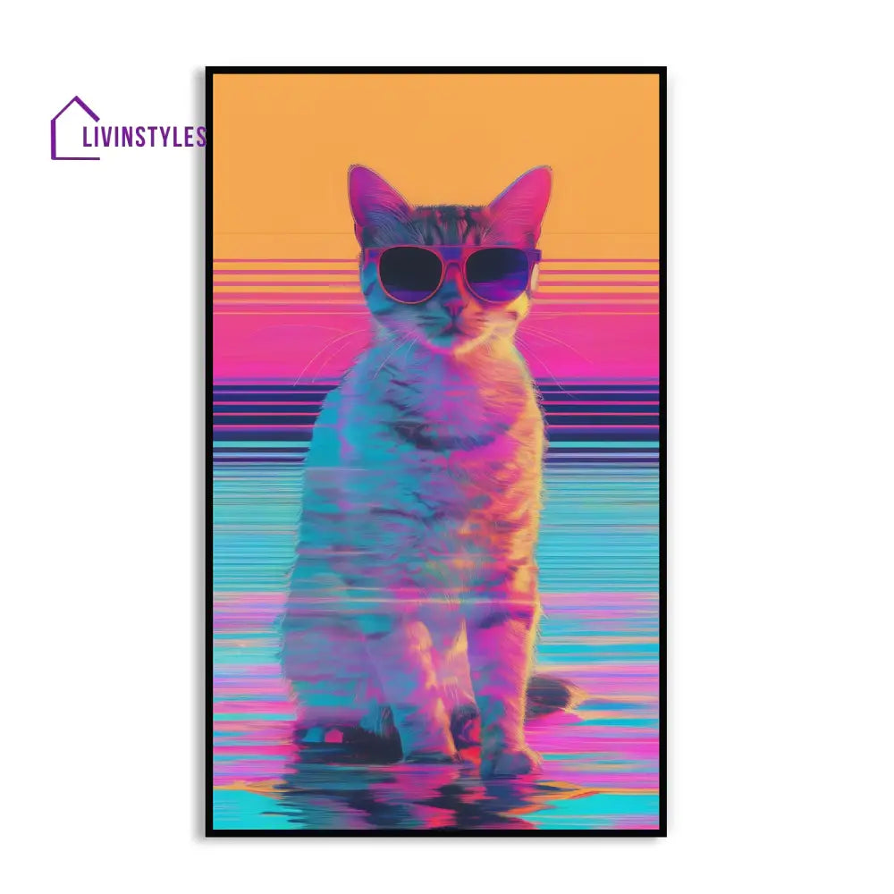 Feline Fashion: Cool Cat Art Canvas Wall Painting 24 X 36 Inch / Black Floating Frame