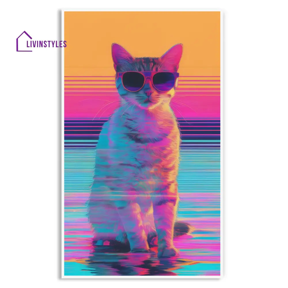 Feline Fashion: Cool Cat Art Canvas Wall Painting 24 X 36 Inch / White Floating Frame