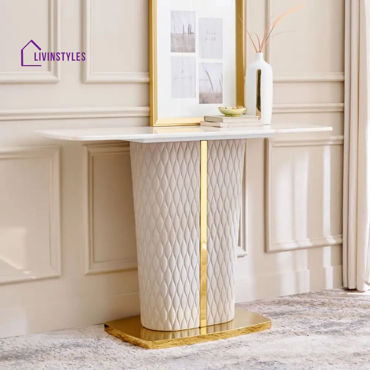 Fidel Marble Top Console Table with Fabric Work and Stainless Steel Frame