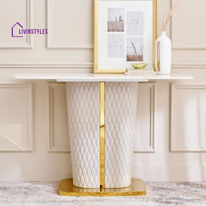 Fidel Marble Top Console Table with Fabric Work and Stainless Steel Frame