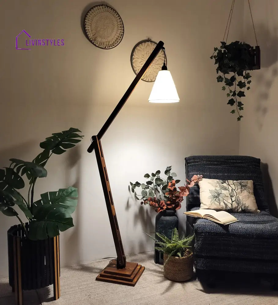 Fisher Wooden Floor Lamp With Brown Base And Jute Fabric Lampshade Lamps