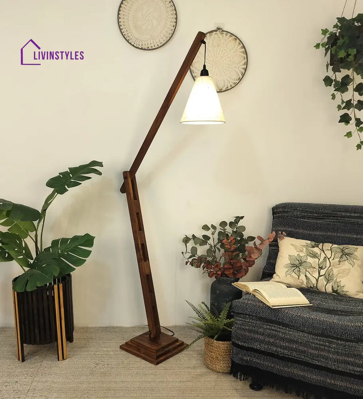 Fisher Wooden Floor Lamp With Brown Base And Jute Fabric Lampshade Lamps