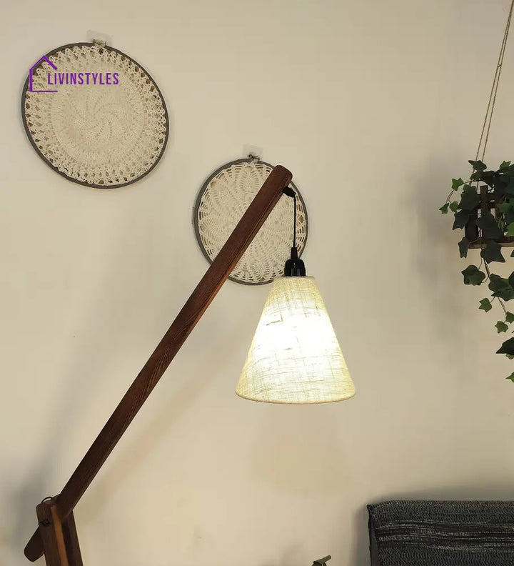 Fisher Wooden Floor Lamp With Brown Base And Jute Fabric Lampshade Lamps