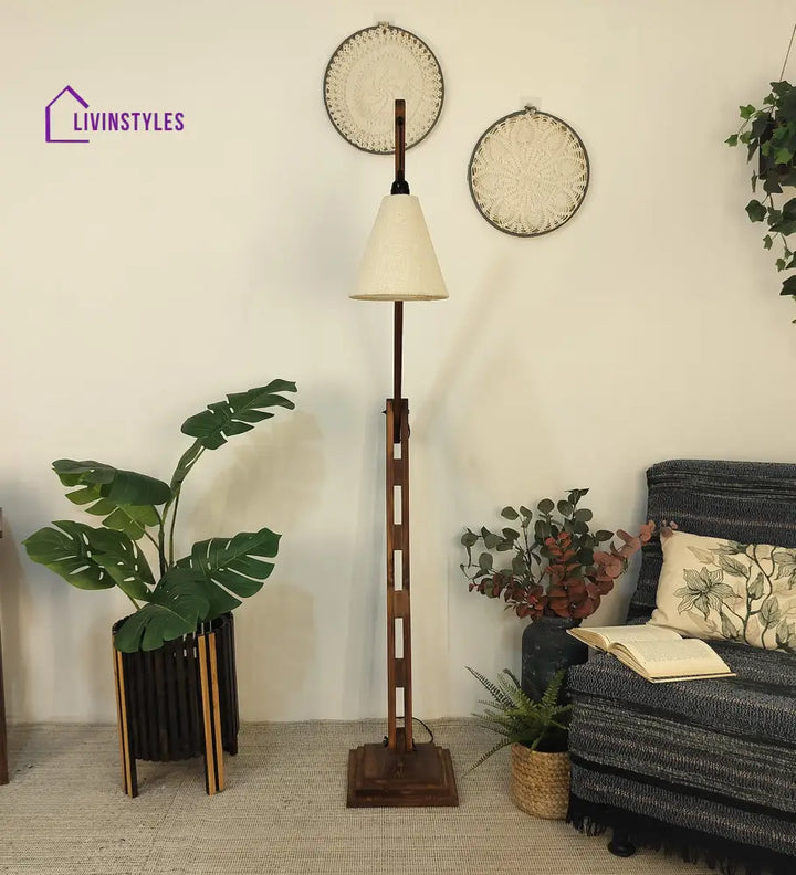 Fisher Wooden Floor Lamp With Brown Base And Jute Fabric Lampshade Lamps