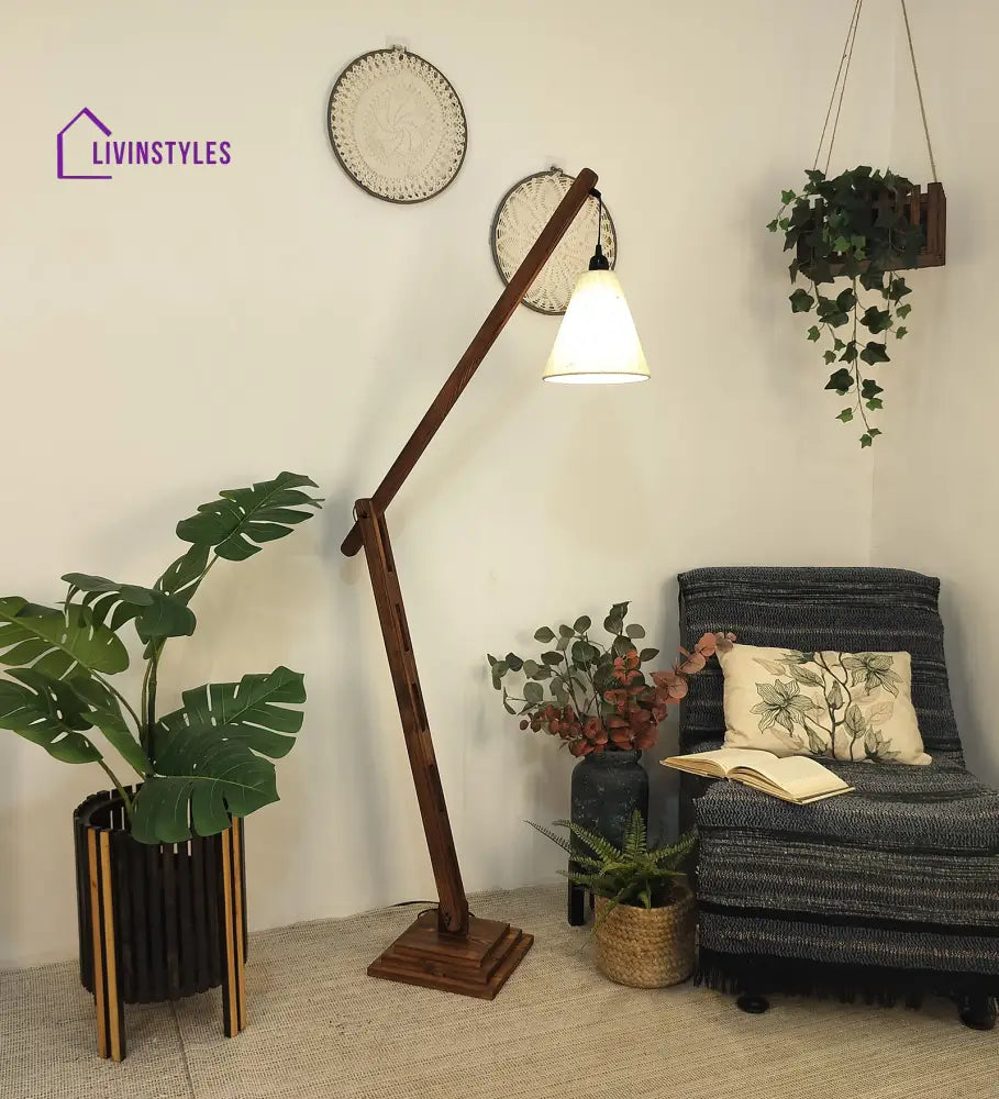 Fisher Wooden Floor Lamp With Brown Base And Jute Fabric Lampshade Lamps