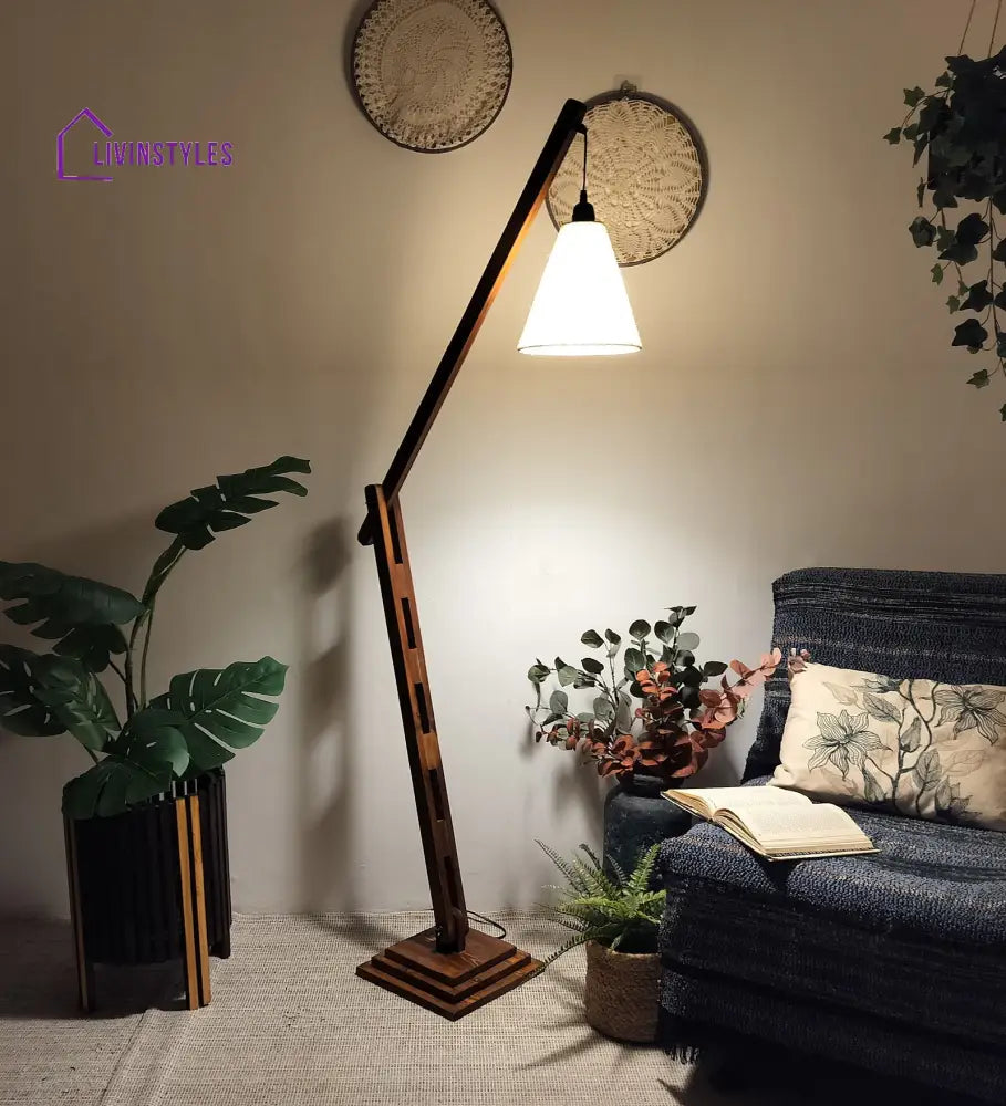 Fisher Wooden Floor Lamp With Brown Base And Jute Fabric Lampshade Lamps