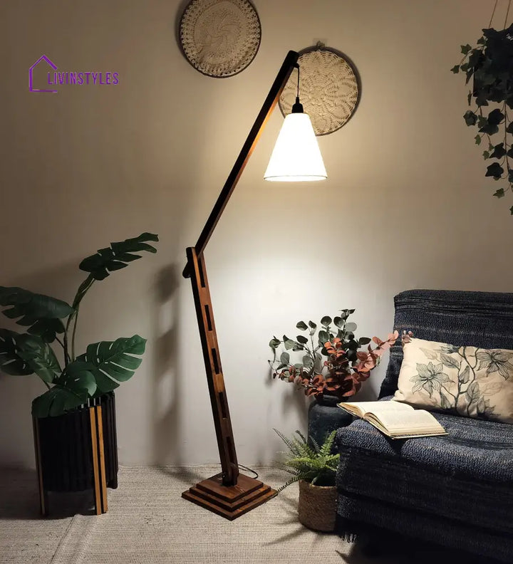 Fisher Wooden Floor Lamp With Brown Base And Jute Fabric Lampshade Lamps