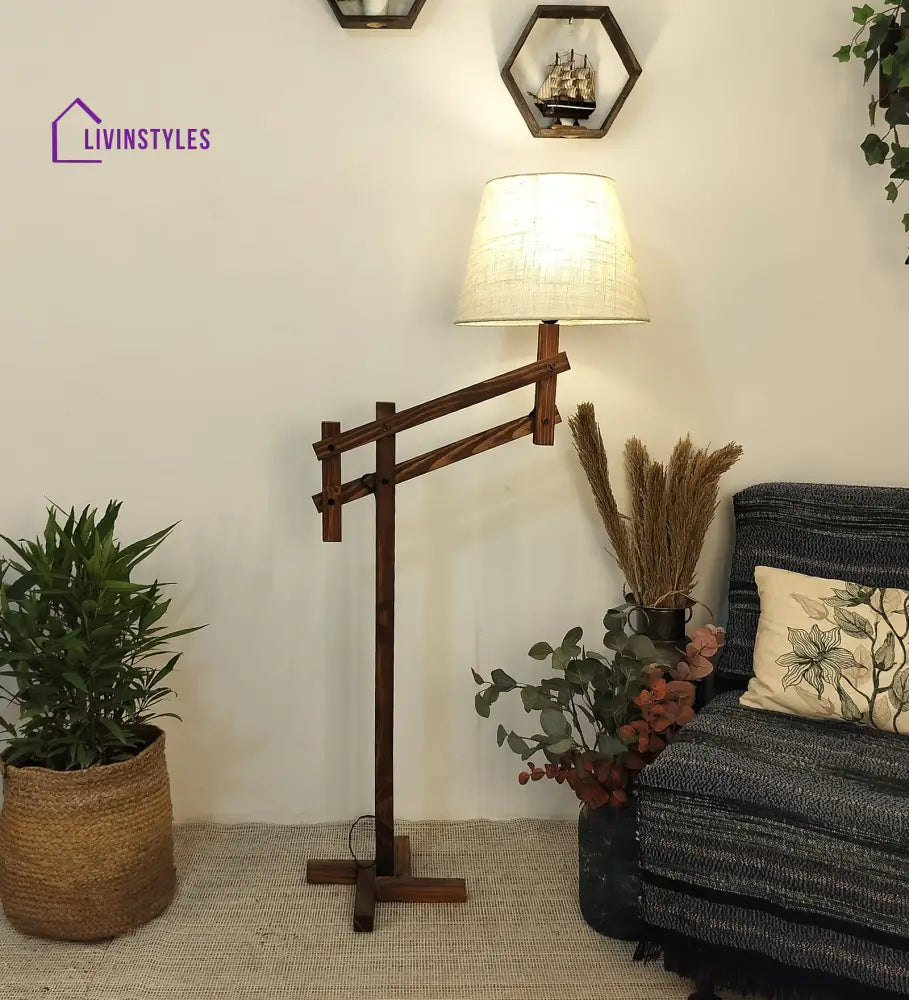 Flamingo Wooden Floor Lamp With Brown Base And Beige Fabric Lampshade Lamps