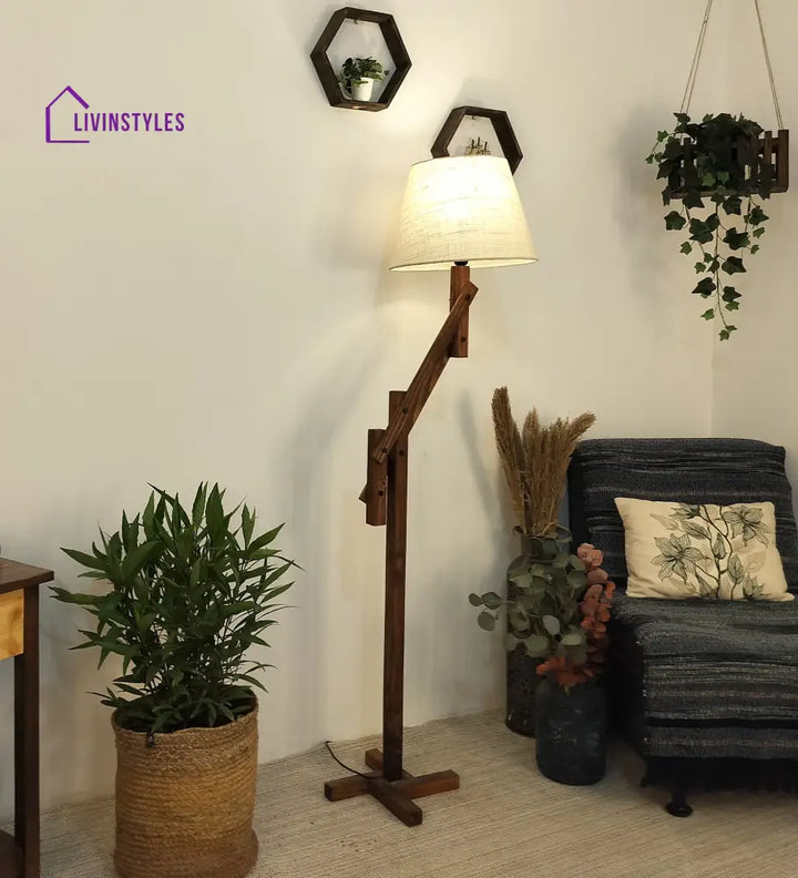 Flamingo Wooden Floor Lamp With Brown Base And Beige Fabric Lampshade Lamps