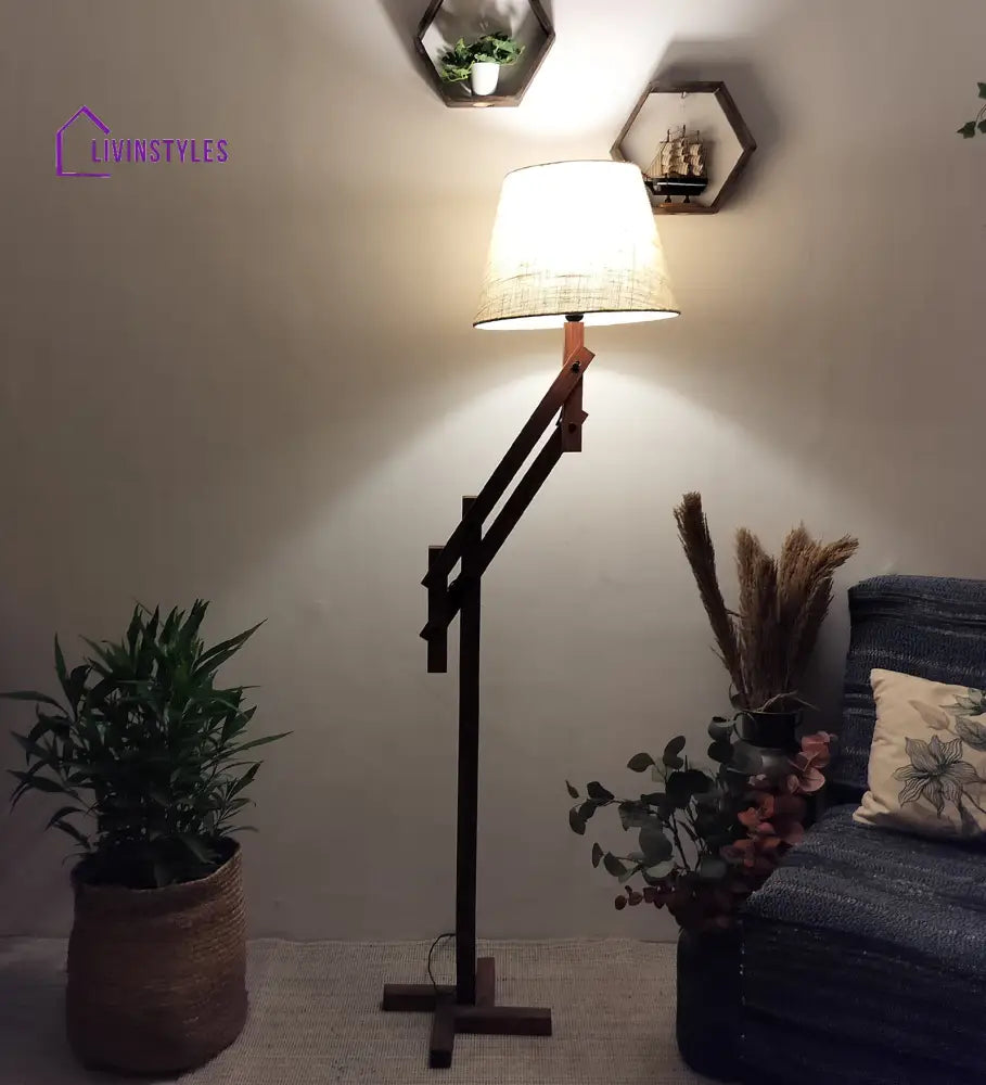 Flamingo Wooden Floor Lamp With Brown Base And Beige Fabric Lampshade Lamps