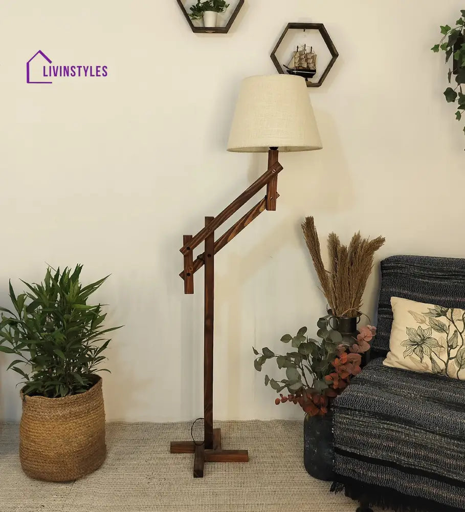 Flamingo Wooden Floor Lamp With Brown Base And Beige Fabric Lampshade Lamps