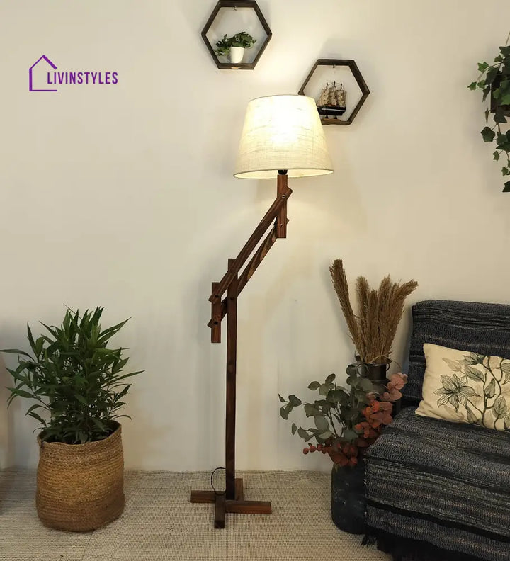 Flamingo Wooden Floor Lamp With Brown Base And Beige Fabric Lampshade Lamps