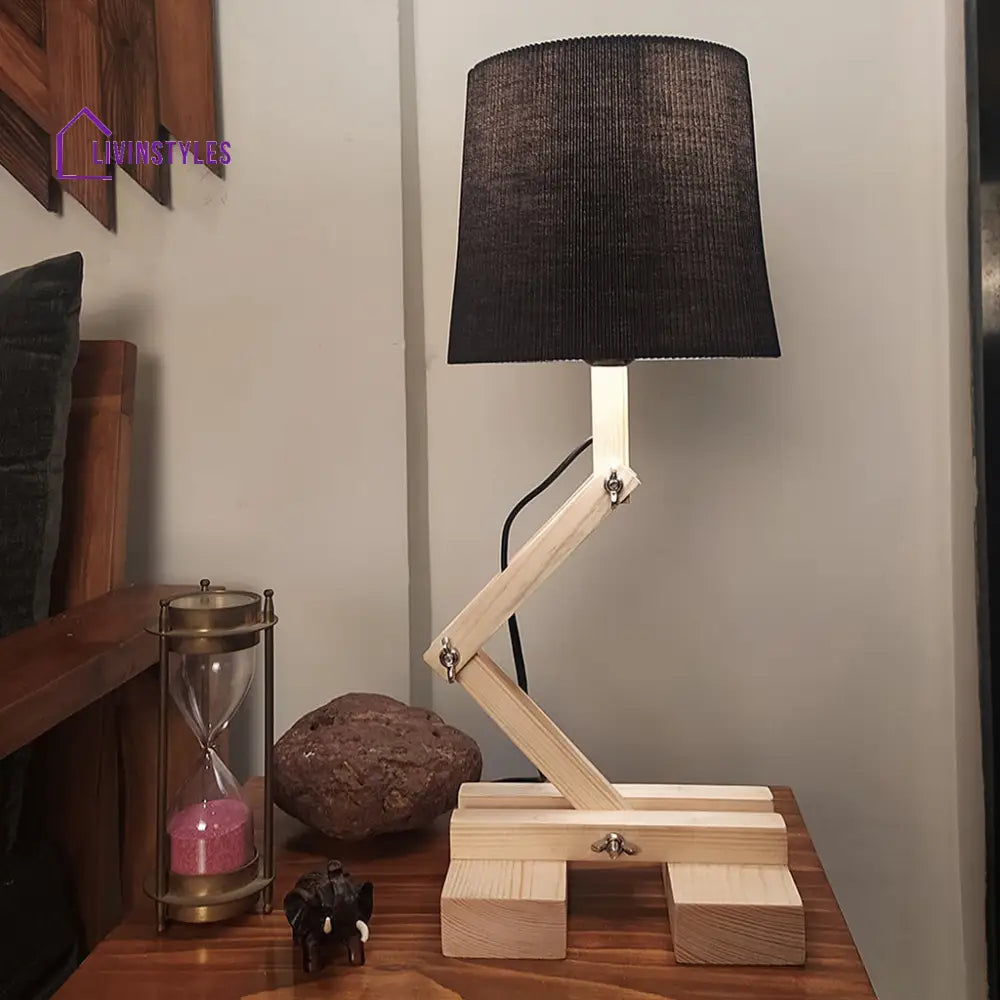 Flex Beige Wooden Table Lamp With Black Fabric Lampshade Lamps