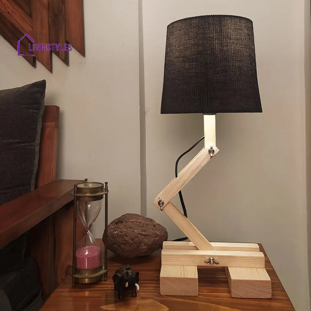 Flex Beige Wooden Table Lamp With Black Fabric Lampshade Lamps