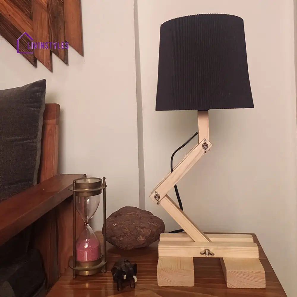 Flex Beige Wooden Table Lamp With Black Fabric Lampshade Lamps