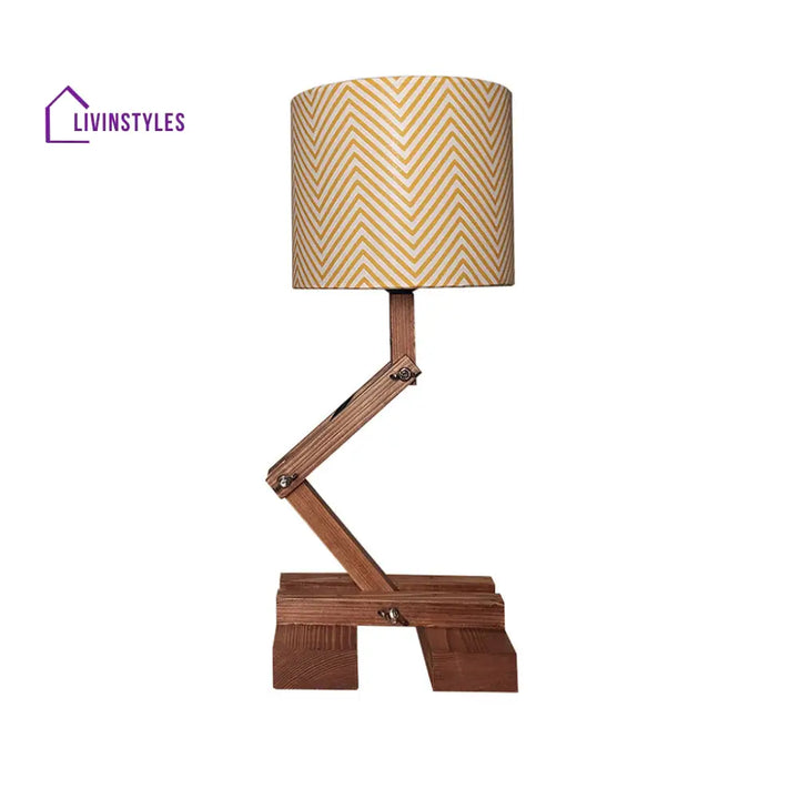 Flex Brown Wooden Table Lamp With Yellow Printed Fabric Lampshade Lamps