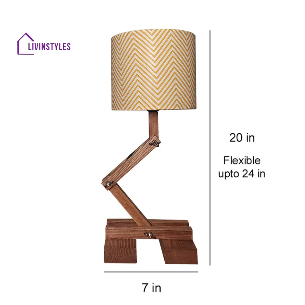 Flex Brown Wooden Table Lamp With Yellow Printed Fabric Lampshade Lamps