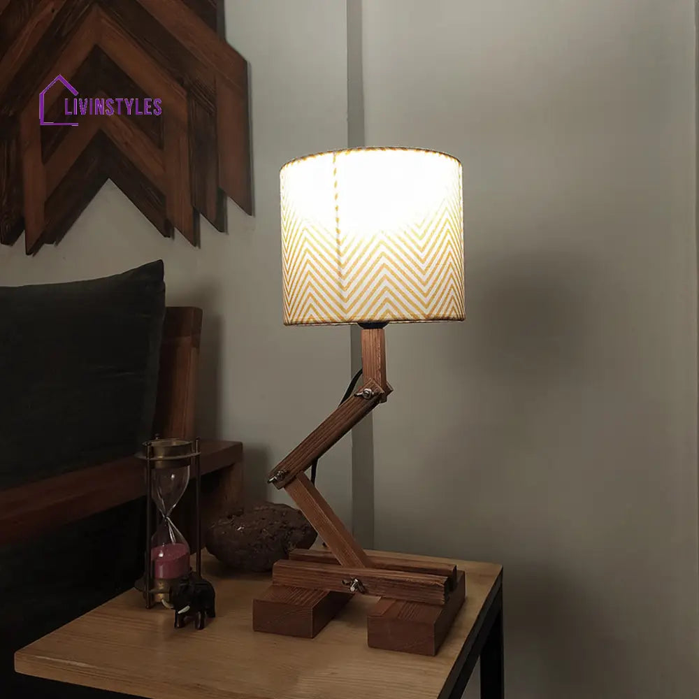 Flex Brown Wooden Table Lamp With Yellow Printed Fabric Lampshade Lamps