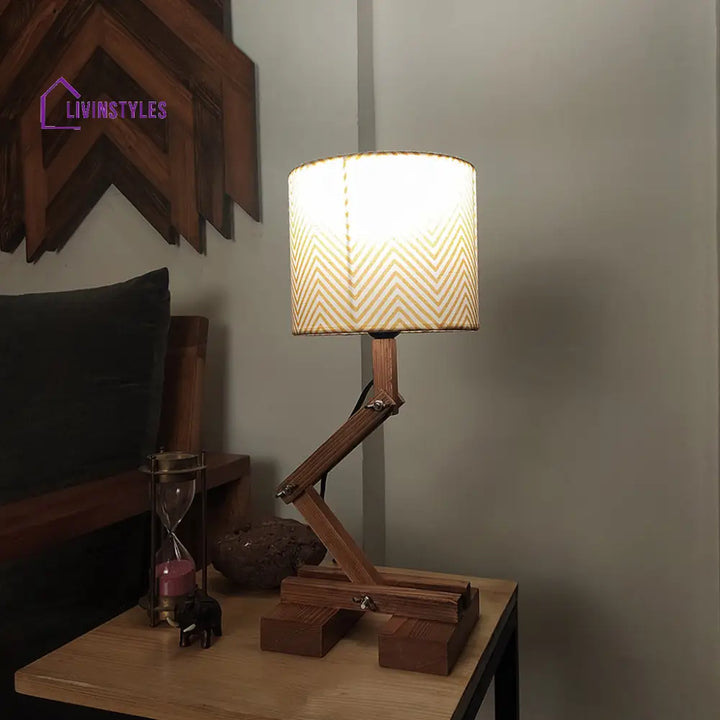 Flex Brown Wooden Table Lamp With Yellow Printed Fabric Lampshade Lamps