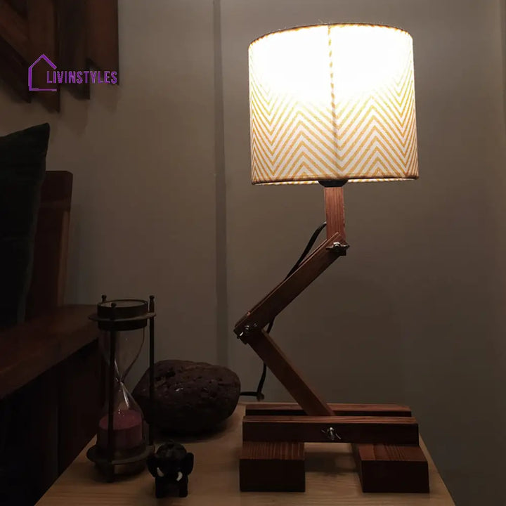 Flex Brown Wooden Table Lamp With Yellow Printed Fabric Lampshade Lamps